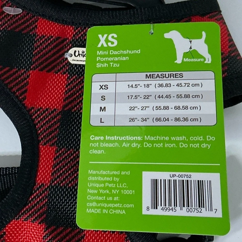 Unique Petz Dog Harness XS Adjustable Comfy Red Black Tartan Plaid Size XS